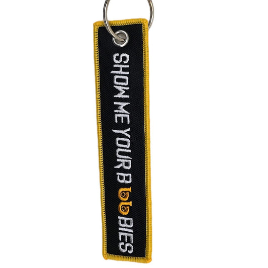 Show Me Your Boobies KeyTag keychain Mustard Yellow